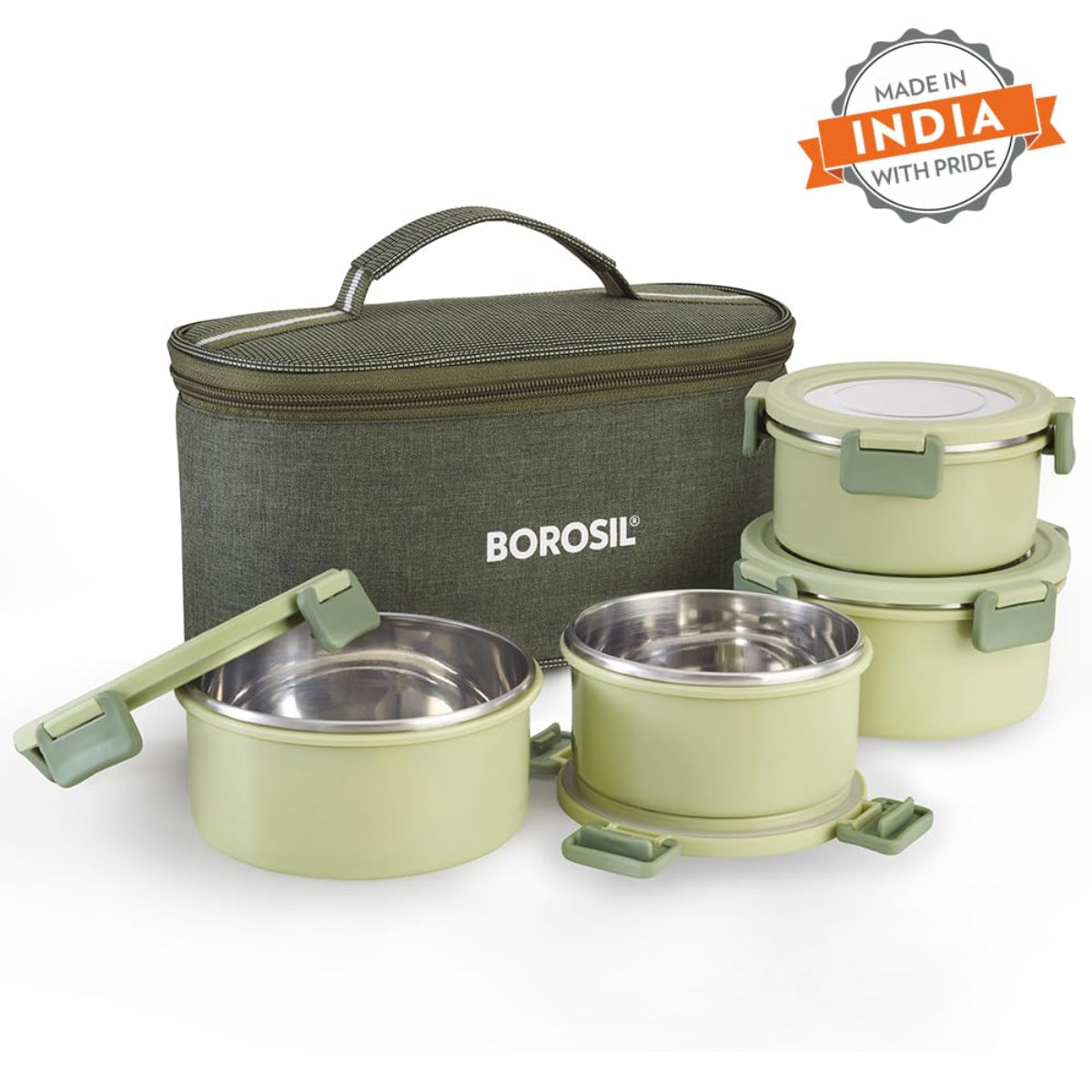Borosil Glory Green Stainless Steel Lunchbox with Bag | 4 pcs Set (460 ml x 2 + 280 ml x 2) | Microwavable Tiffin with Food Grade Steel | Leakproof & Dishwasher Safe | 1 Year Warranty
