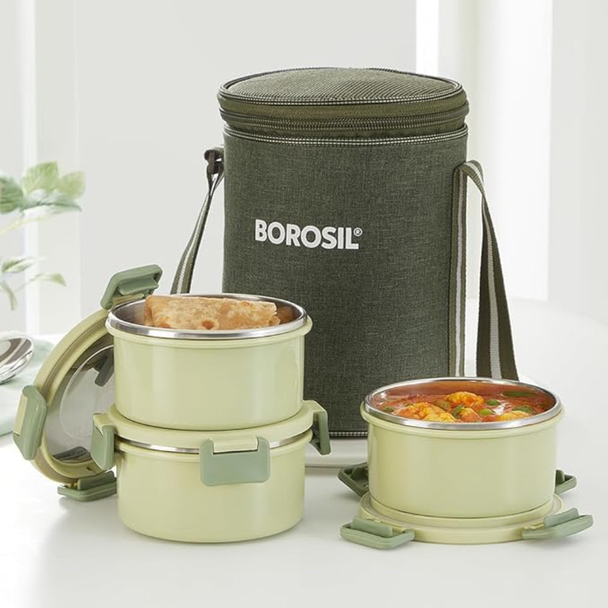 Borosil Glory Green Stainless Steel Lunch Box 3 pcs Container Set (280 ml Each)