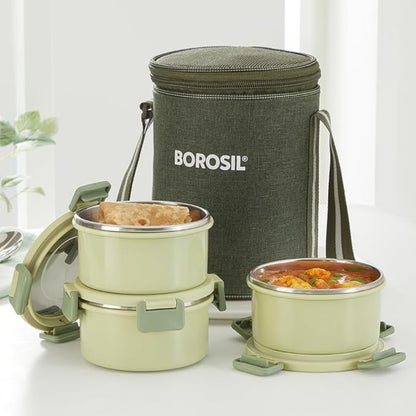 Borosil Glory Green Stainless Steel Lunch Box 3 pcs Container Set (280 ml Each)