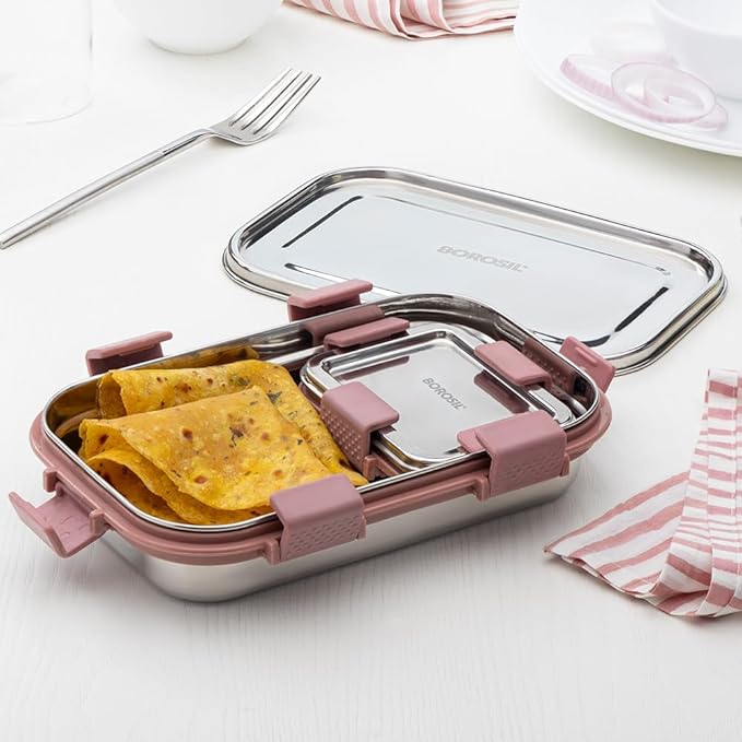 Borosil Stainless Steel Slim Lunch Box | 700 ml + 125 ml Container Set