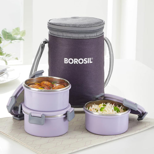 Borosil Glory Lavender Stainless Steel Lunchbox with Bag | 3 pcs Round Container Set (280ml Each) | Microwavable Tiffin with Food Grade Steel | Leakproof & Dishwasher Safe | 1 Year Warranty