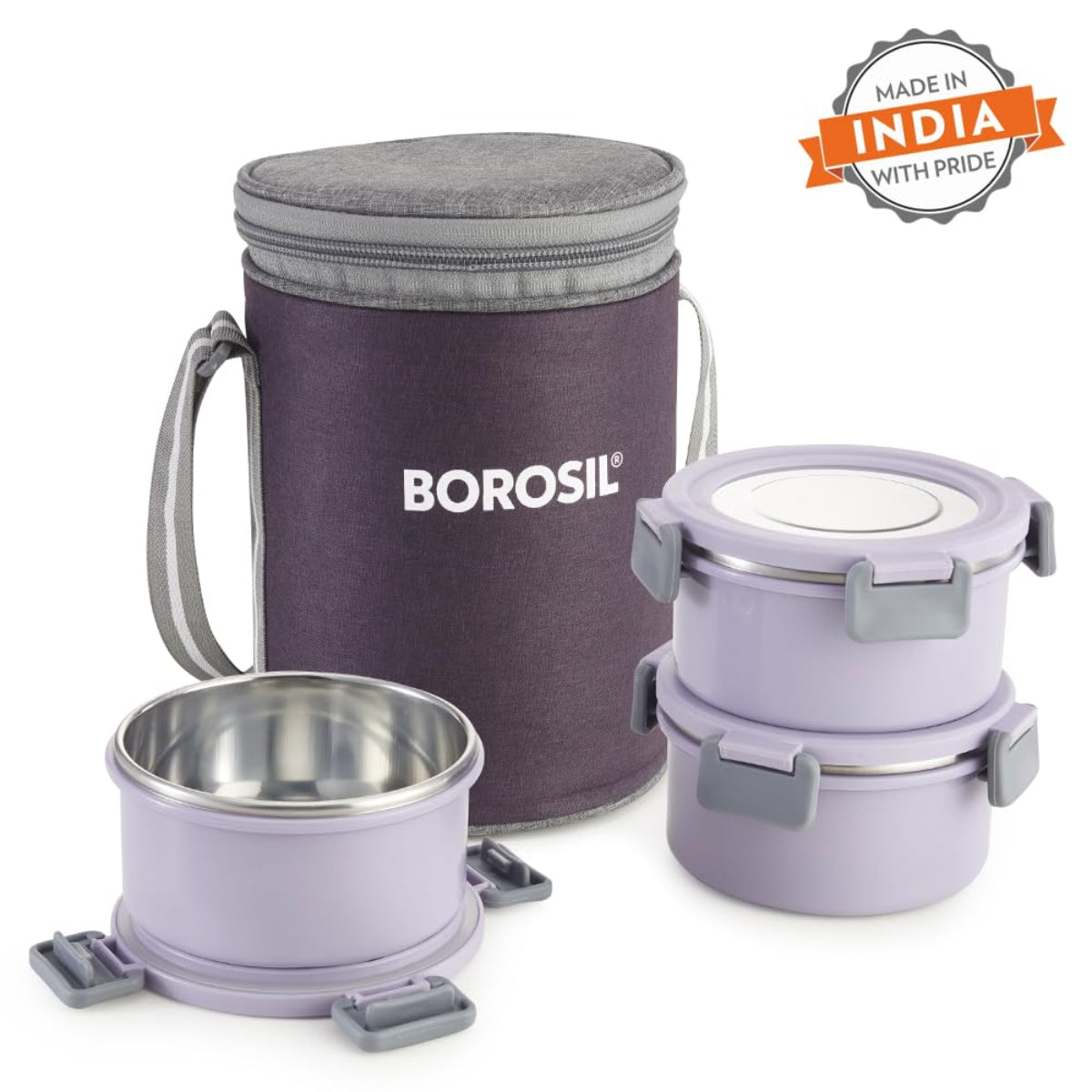 Borosil Glory Lavender Stainless Steel Lunchbox with Bag | 3 pcs Round Container Set (280ml Each) | Microwavable Tiffin with Food Grade Steel | Leakproof & Dishwasher Safe | 1 Year Warranty