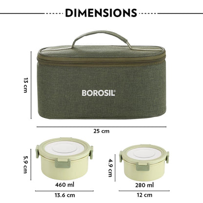 Borosil Glory Green Stainless Steel Lunchbox with Bag | 4 pcs Set (460 ml x 2 + 280 ml x 2) | Microwavable Tiffin with Food Grade Steel | Leakproof & Dishwasher Safe | 1 Year Warranty