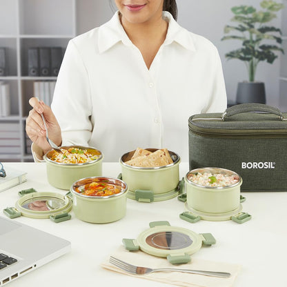 Borosil Glory Green Stainless Steel Lunchbox with Bag | 4 pcs Set (460 ml x 2 + 280 ml x 2) | Microwavable Tiffin with Food Grade Steel | Leakproof & Dishwasher Safe | 1 Year Warranty