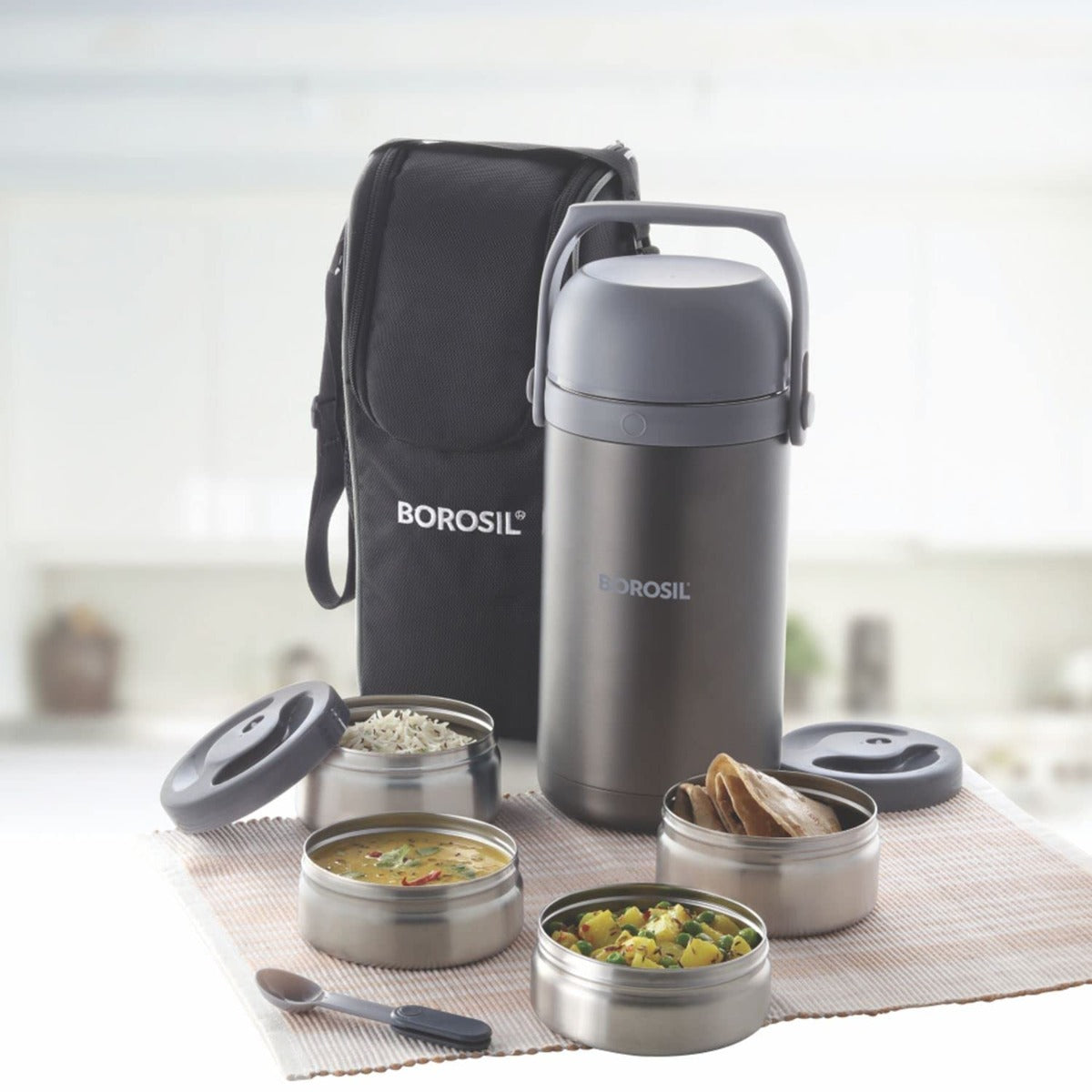 Borosil - Hot-N-Fresh Stainless Steel Insulated Lunch Box, Set of 3 (1pc 350 ml + 2pcs 420 ml)