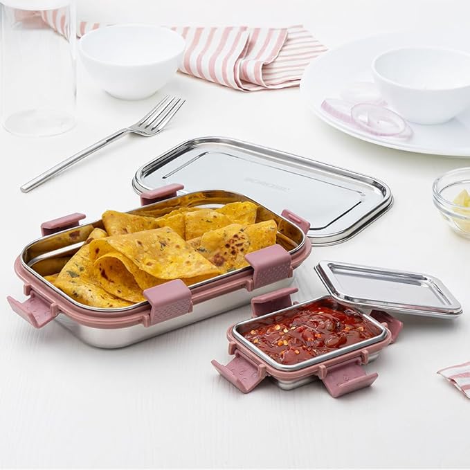 Borosil Stainless Steel Slim Lunch Box | 700 ml + 125 ml Container Set