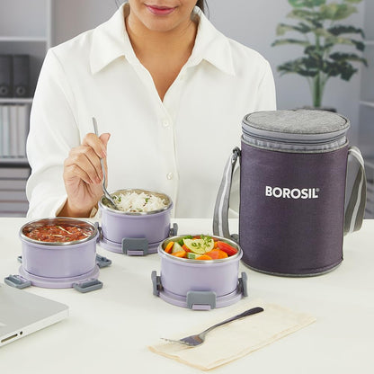 Borosil Glory Lavender Stainless Steel Lunchbox with Bag | 3 pcs Round Container Set (280ml Each) | Microwavable Tiffin with Food Grade Steel | Leakproof & Dishwasher Safe | 1 Year Warranty