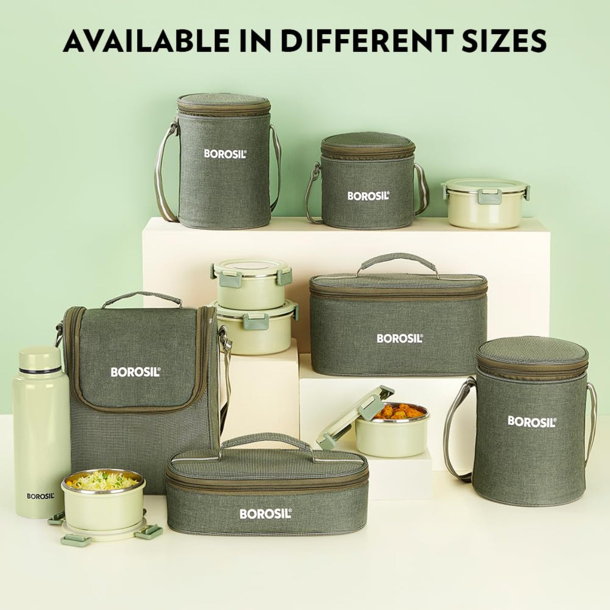 Borosil Glory Green Stainless Steel Lunchbox with Bag | 4 pcs Set (460 ml x 2 + 280 ml x 2) | Microwavable Tiffin with Food Grade Steel | Leakproof & Dishwasher Safe | 1 Year Warranty