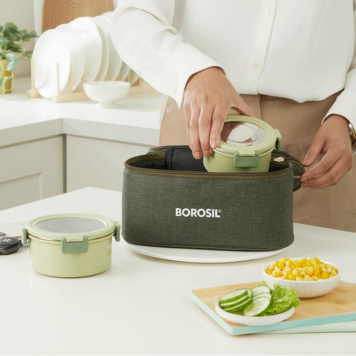 Borosil Glory Green Stainless Steel Lunchbox with Bag | 4 pcs Set (460 ml x 2 + 280 ml x 2) | Microwavable Tiffin with Food Grade Steel | Leakproof & Dishwasher Safe | 1 Year Warranty