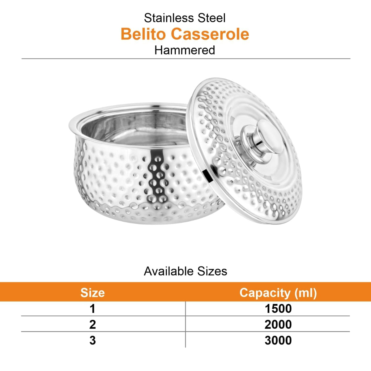 Prabha Stainless Steel Casserole Hammered Belito with Lid