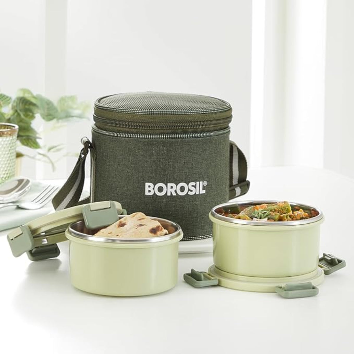 Borosil Glory Green Stainless Steel Lunch Box 2 pcs Container Set (280 ml Each)