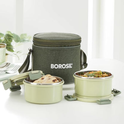 Borosil Glory Green Stainless Steel Lunch Box 2 pcs Container Set (280 ml Each)