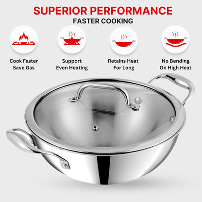 Vinod Platinum Triply Stainless Steel Extra Deep Kadhai With Glass Lid 4.8L (28 cm) Induction Base - EDPTKD28GL