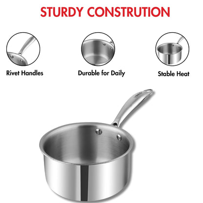 Vinod Platinum Triply Stainless Steel Milkpan - 1.2 Litre, 14 cm | Easy Pour Spout | Induction Base, Silver - PTMP14