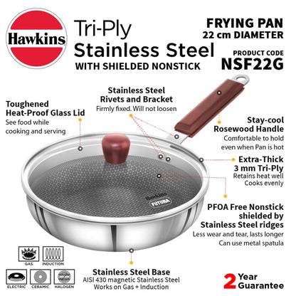 Hawkins 22 cm Triply Stainless Steel Shielded Nonstick Frying Pan with Glass Lid Wood Handle, Induction - NSF22G