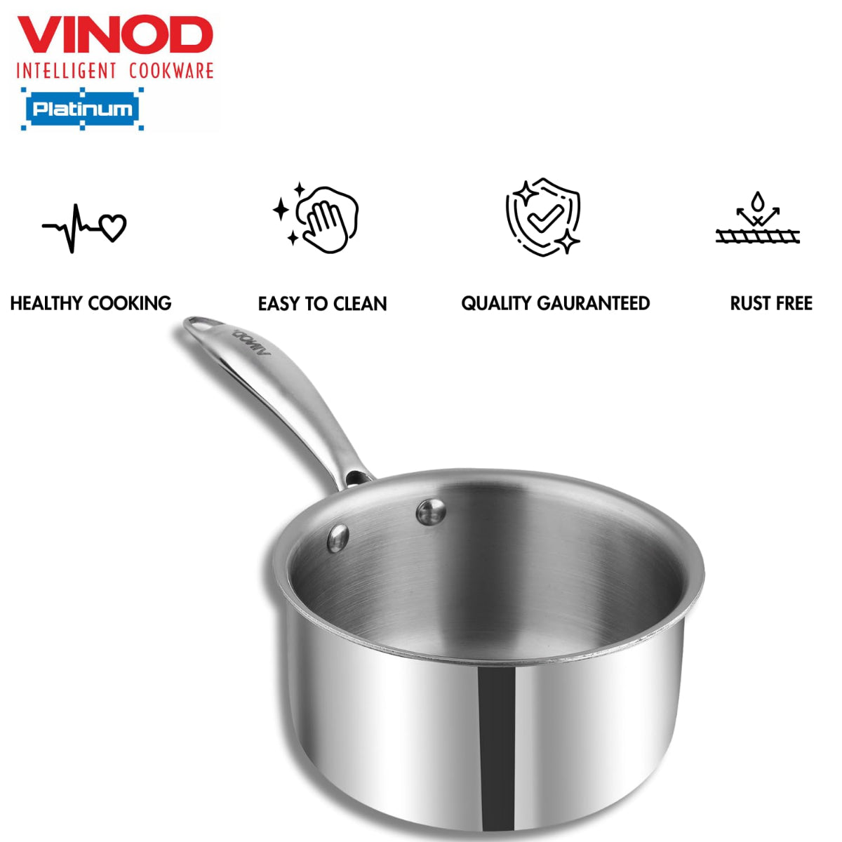 Vinod Platinum Triply Stainless Steel Milkpan - 1.5 Litre, 16 cm | Easy Pour Spout | Induction Base, Silver - PTMP16