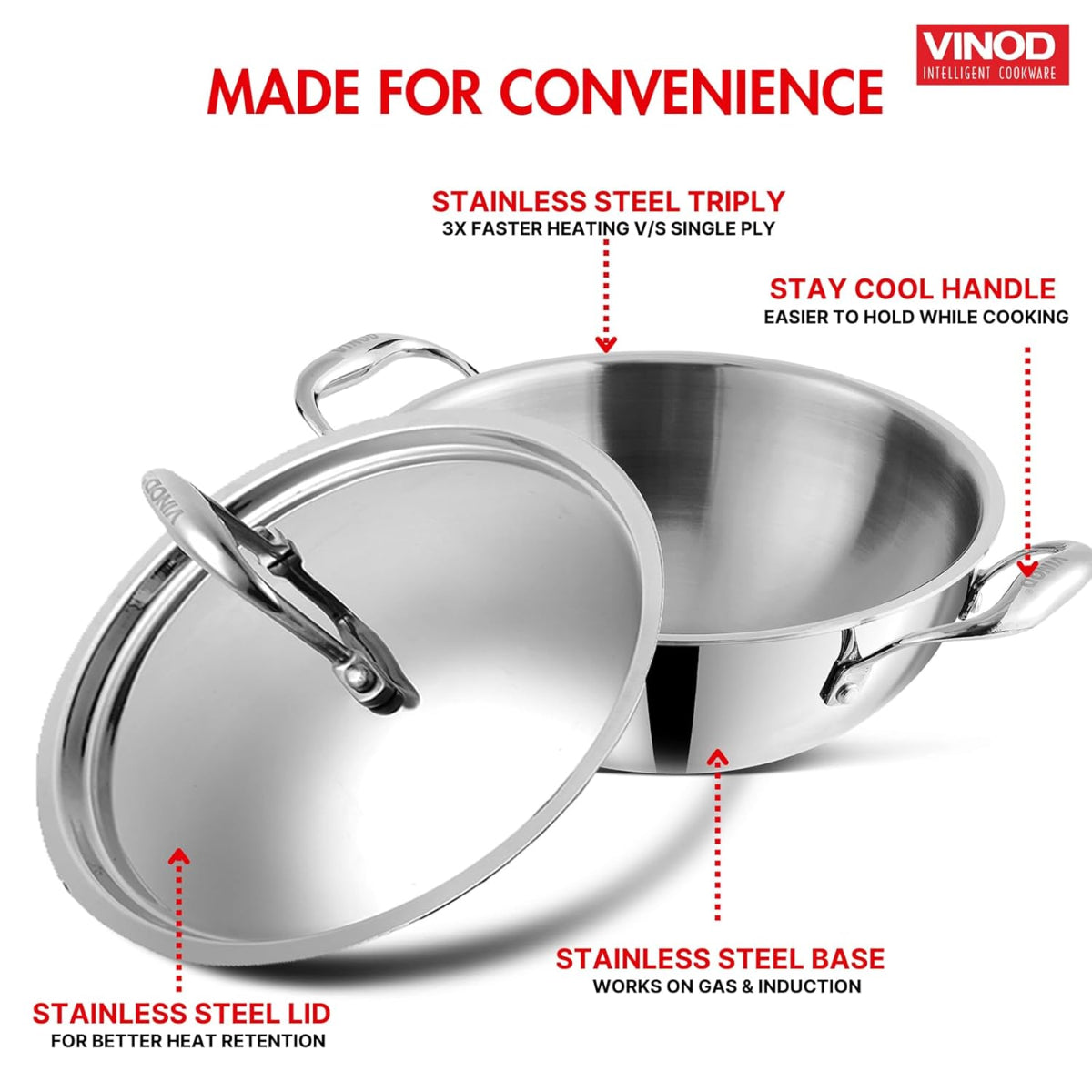 Vinod Platinum Triply Stainless Steel Extra Deep Kadhai With Stainless Steel Lid 4.8L (28 cm) Induction Base - EDPTKD28