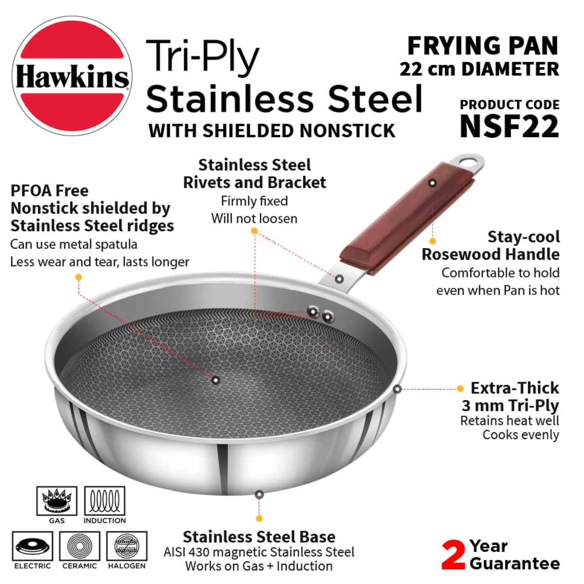 Hawkins 22 cm Triply Stainless Steel Shielded Nonstick Frying Pan with Wood Handle, Induction - NSF22