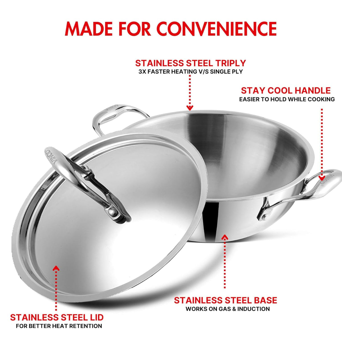Vinod Platinum Triply Stainless Steel Extra Deep Kadhai With Stainless Steel Lid 5.5L (30 cm) Induction Base - EDPTKD30