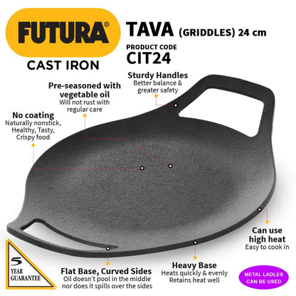 Futura 24 cm Cast Iron Tava/Tawa by Hawkins