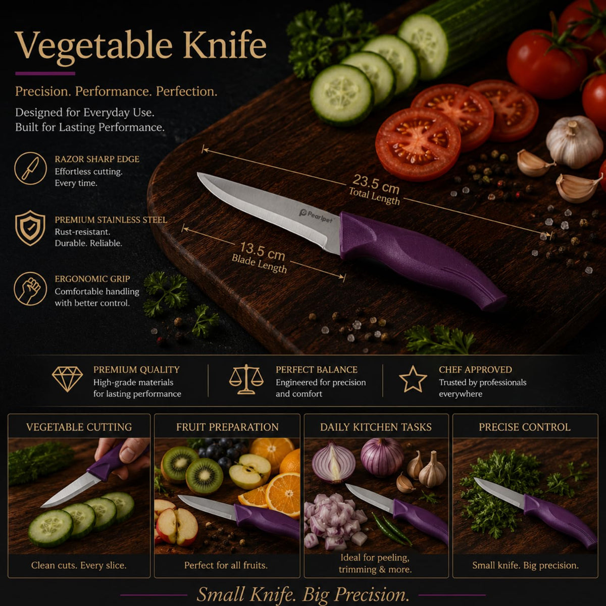PEARLPET Premium Kitchen Vegetable Knife |Stainless Steel Knife for Kitchen Use | Sharp | Durable | Kitchen Knives (Chaku), 1pc (Purple)