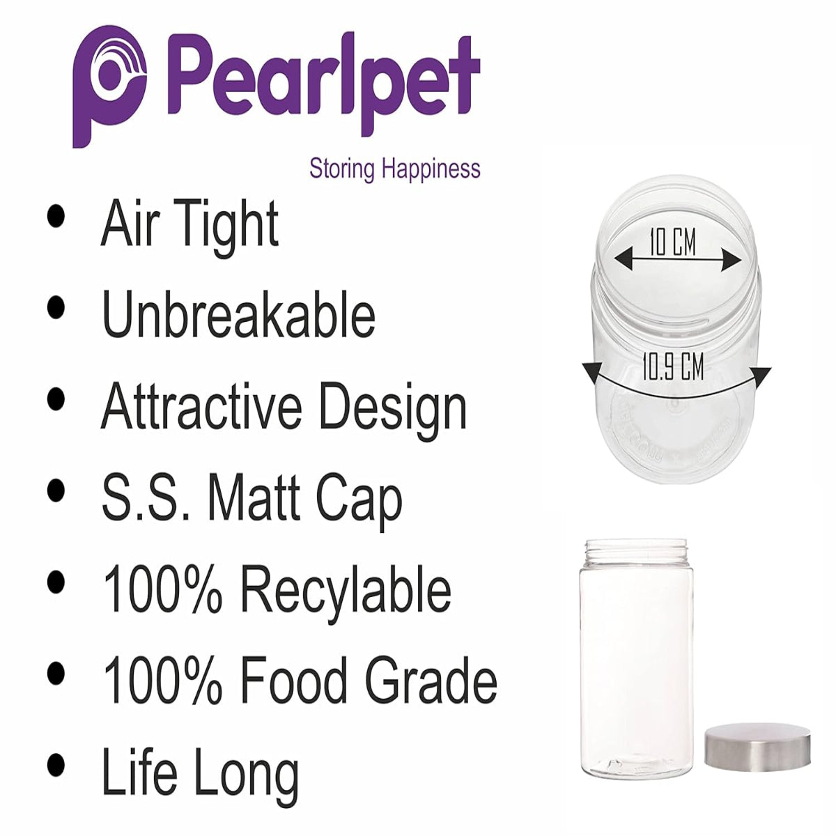 Pearlpet Plus Round Jars with Steel caps Set of 6 - 1700 ml