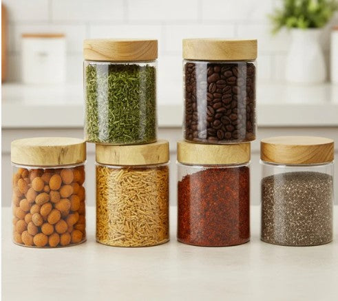 Pearlpet jars Coral Jars with Wooden like caps |Light brown| Set of 6