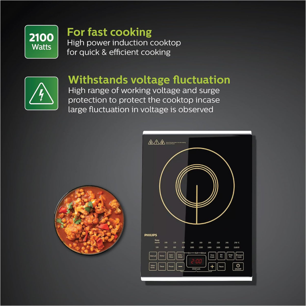 Philips 2100 Watt Induction Cook Top with Sensor Touch & High quality Full Glass Panel, Black - HD4938/01