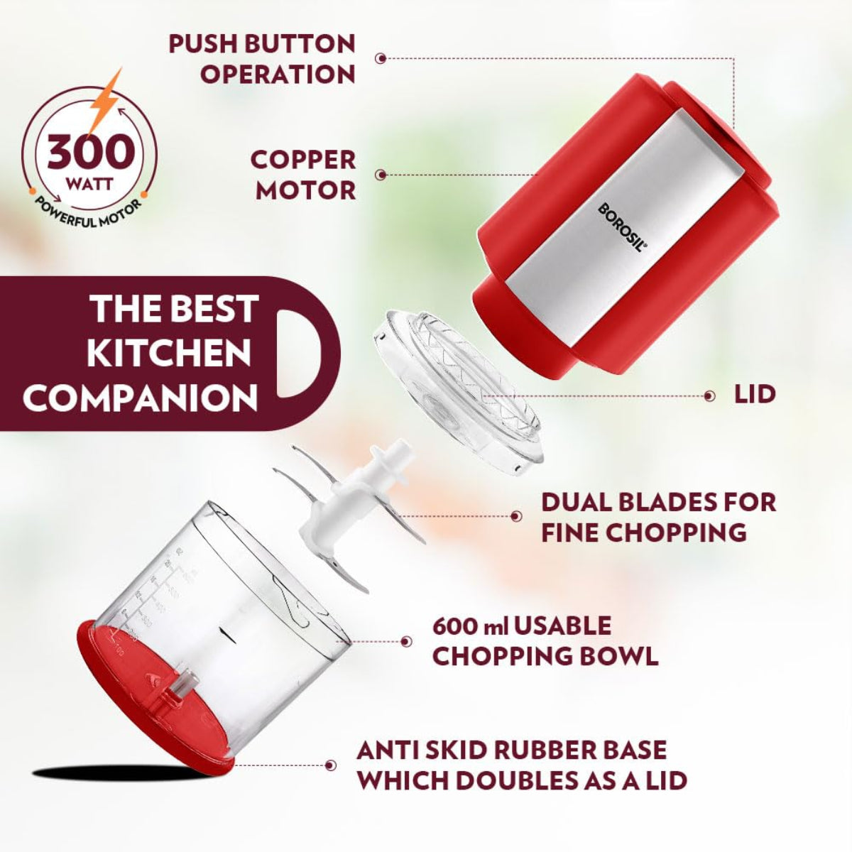 Borosil Chef Delite 300 Watts Electric Chopper with 2 Blade Sets, Red - BCH20DBB22