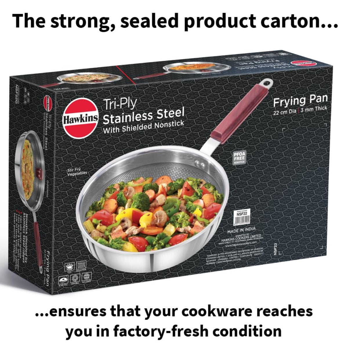 Hawkins 22 cm Triply Stainless Steel Shielded Nonstick Frying Pan with Wood Handle, Induction - NSF22