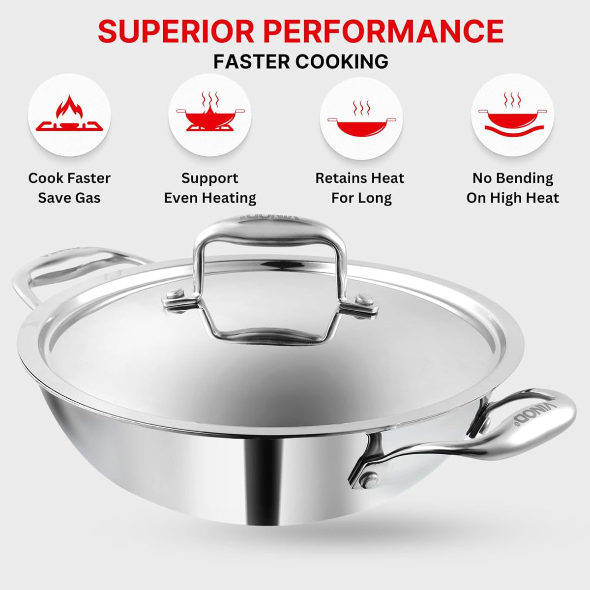 Vinod Platinum Triply Stainless Steel Extra Deep Kadhai With Stainless Steel Lid 4.8L (28 cm) Induction Base - EDPTKD28