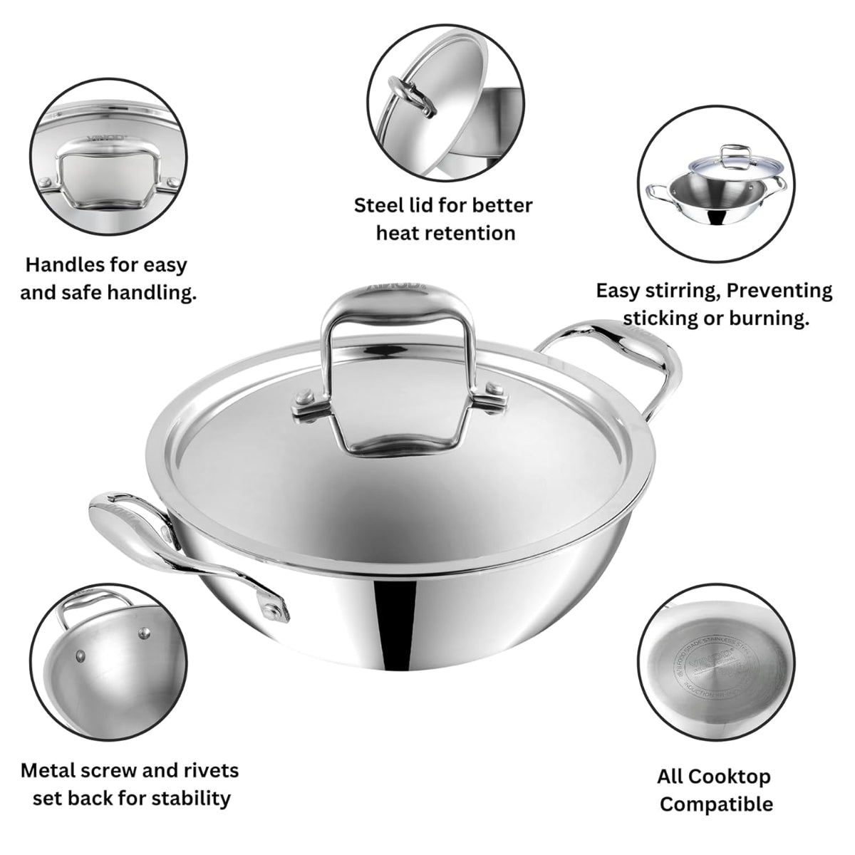 Vinod Platinum Triply Stainless Steel Extra Deep Kadhai With Stainless Steel Lid 5.5L (30 cm) Induction Base - EDPTKD30