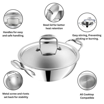 Vinod Platinum Triply Stainless Steel Extra Deep Kadhai With Stainless Steel Lid 5.5L (30 cm) Induction Base - EDPTKD30