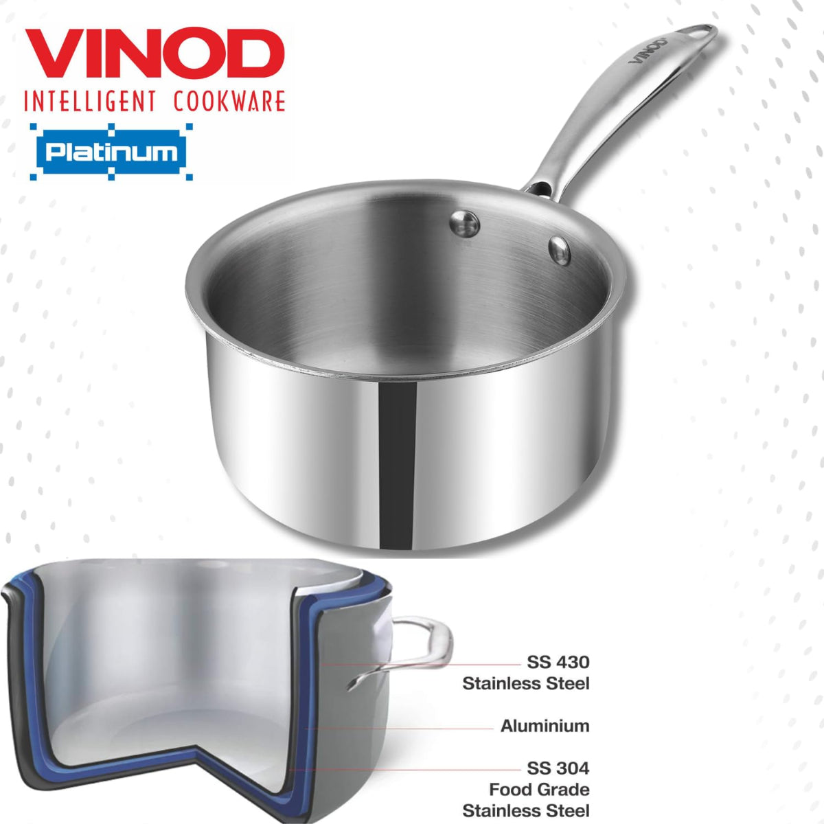 Vinod Platinum Triply Stainless Steel Milkpan - 1.2 Litre, 14 cm | Easy Pour Spout | Induction Base, Silver - PTMP14