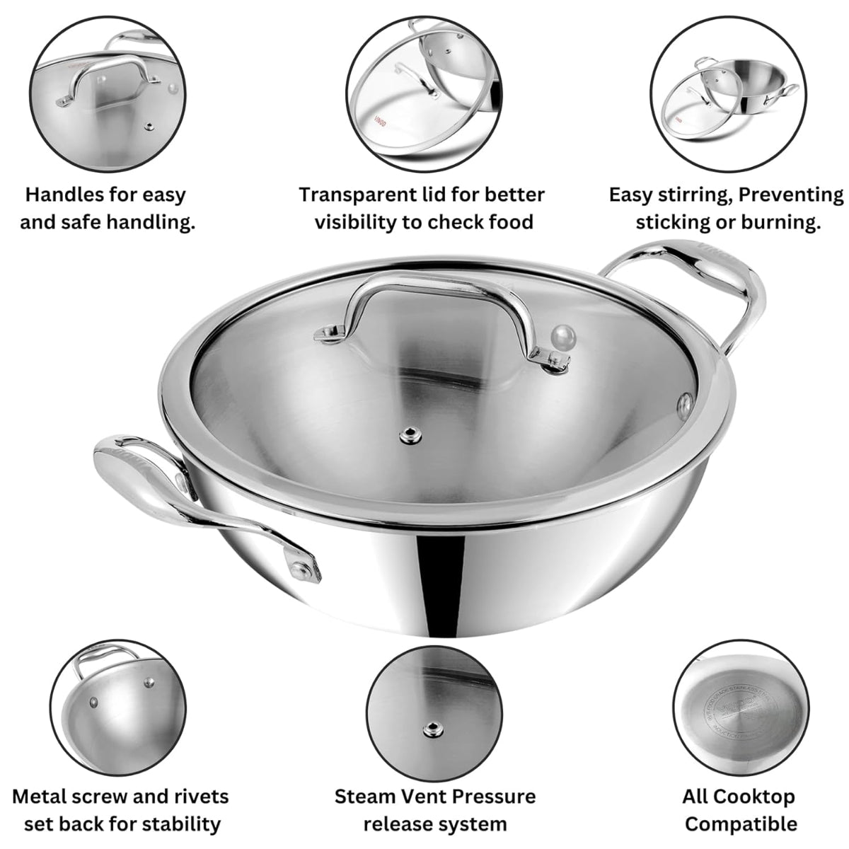 Vinod Platinum Triply Stainless Steel Extra Deep Kadhai With Glass Lid 4.8L (28 cm) Induction Base - EDPTKD28GL