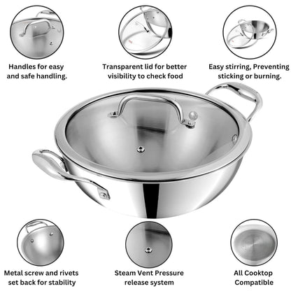 Vinod Platinum Triply Stainless Steel Extra Deep Kadhai With Glass Lid 4.8L (28 cm) Induction Base - EDPTKD28GL