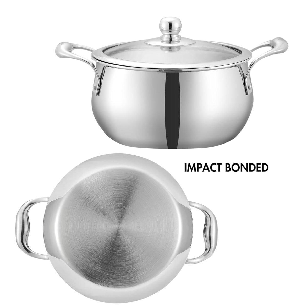 Vinod Platinum Triply Stainless Steel Medium Belly Saucepot With Glass Lid 2 Liter | Induction Base, Silver - PSOM16