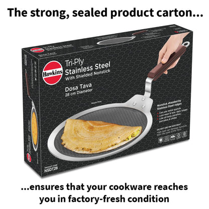 Hawkins 28 cm Dosa Tava, Triply Stainless Steel Shielded Nonstick Tawa with Wood Handle, Induction - NSDT28
