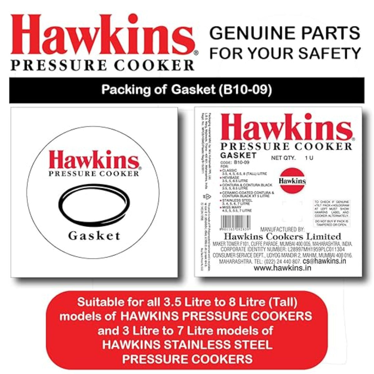 Hawkins Standard Gasket (SG) for Cooker Size litre to Litre