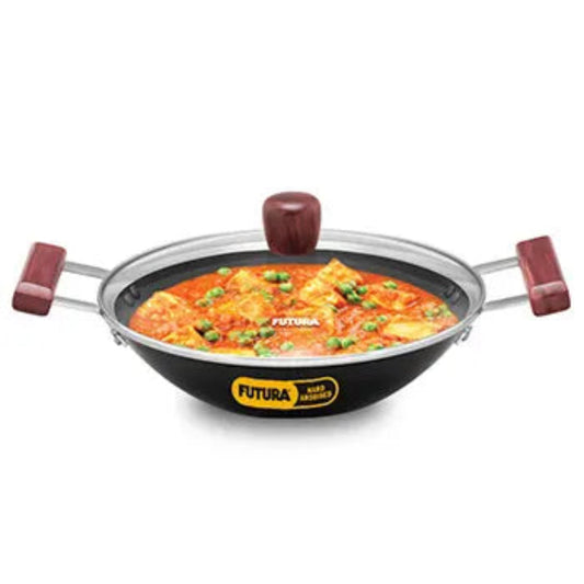Futura By Hawkins Hard Anodised Deep Kadhai 2 Litre with Glass Lid with 2 Short Handles