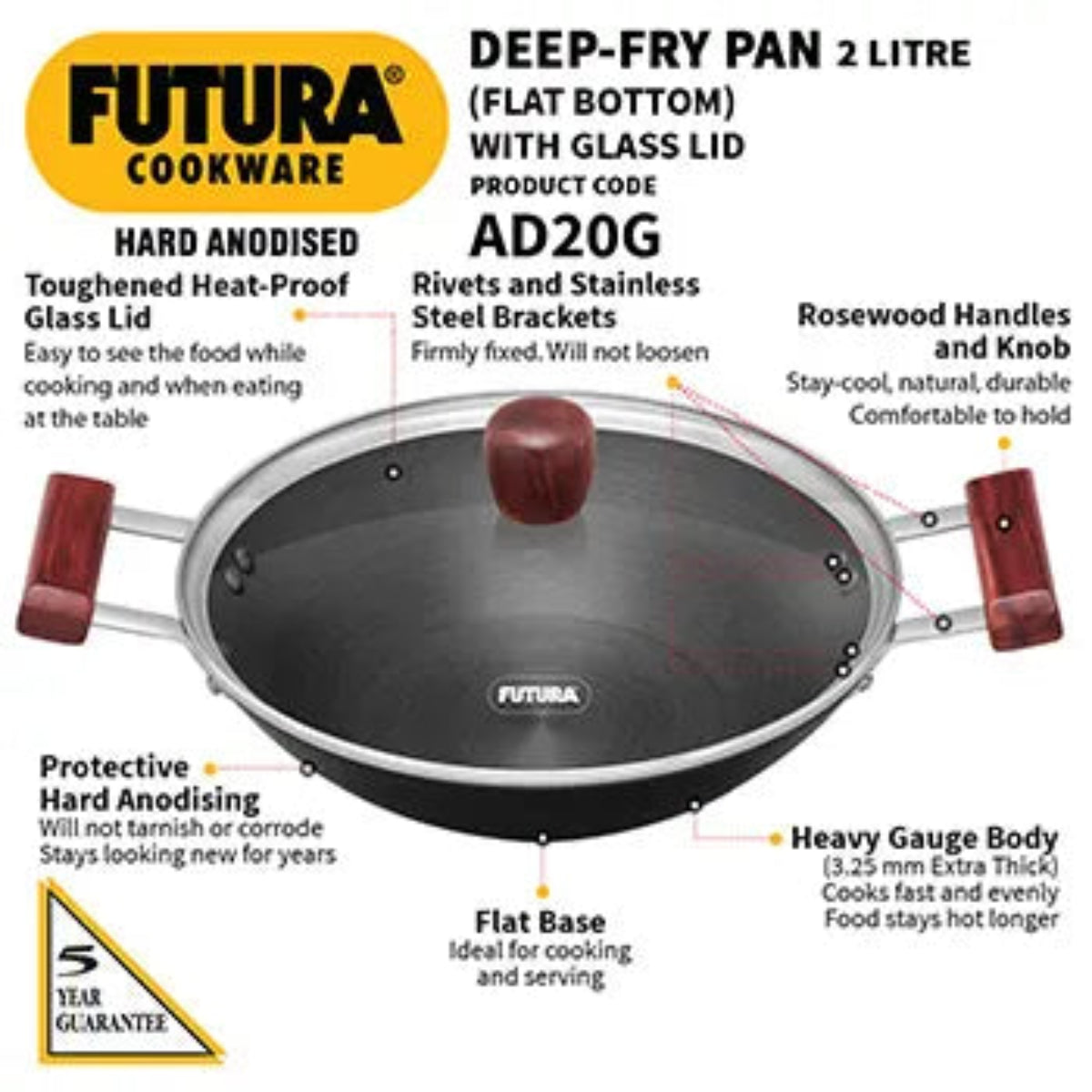 Futura By Hawkins Hard Anodised Deep Kadhai 2 Litre with Glass Lid with 2 Short Handles