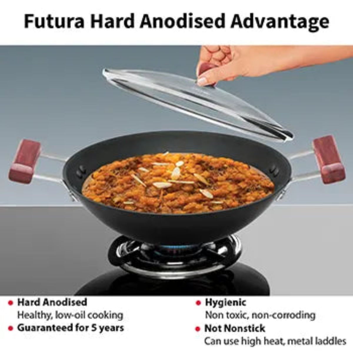 Futura By Hawkins Hard Anodised Deep Kadhai 2 Litre with Glass Lid with 2 Short Handles