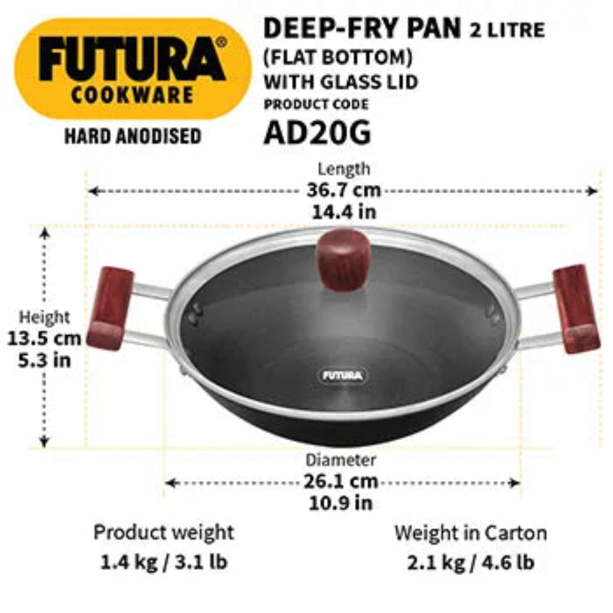 Futura By Hawkins Hard Anodised Deep Kadhai 2 Litre with Glass Lid with 2 Short Handles