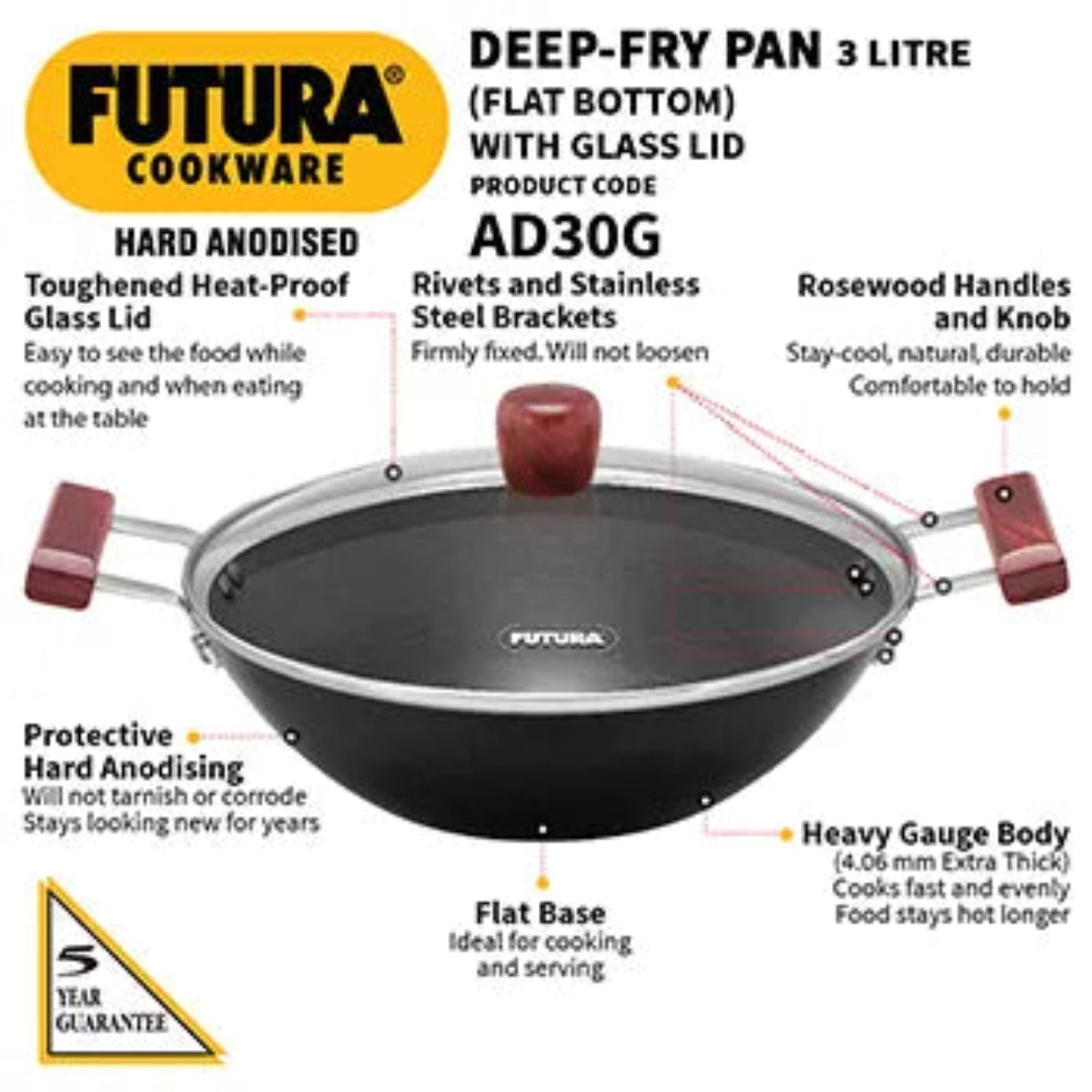 Hard Anodised Deep-Fry Pan 3 Litre with Glass Lid (Flat Bottom)