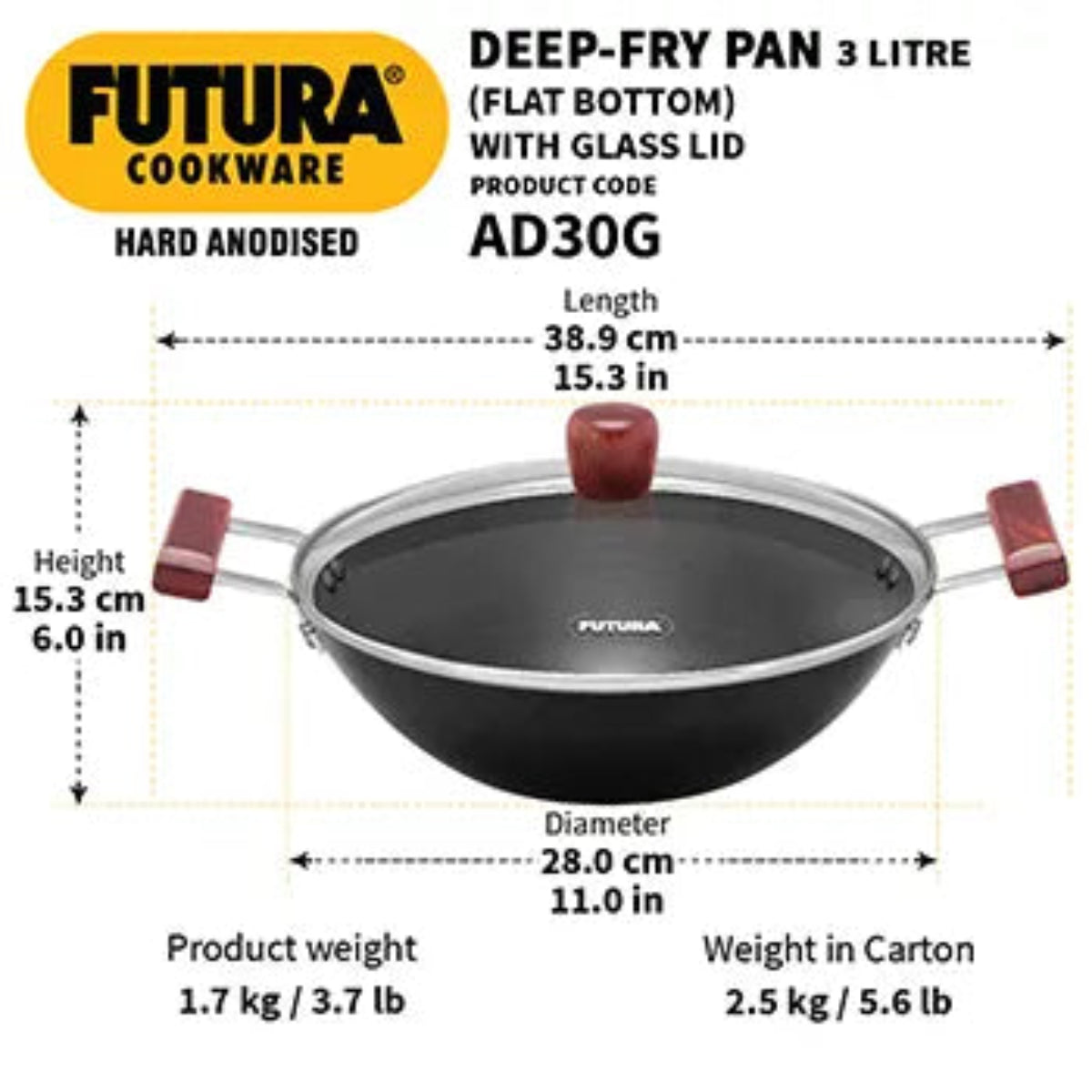 Hard Anodised Deep-Fry Pan 3 Litre with Glass Lid (Flat Bottom)
