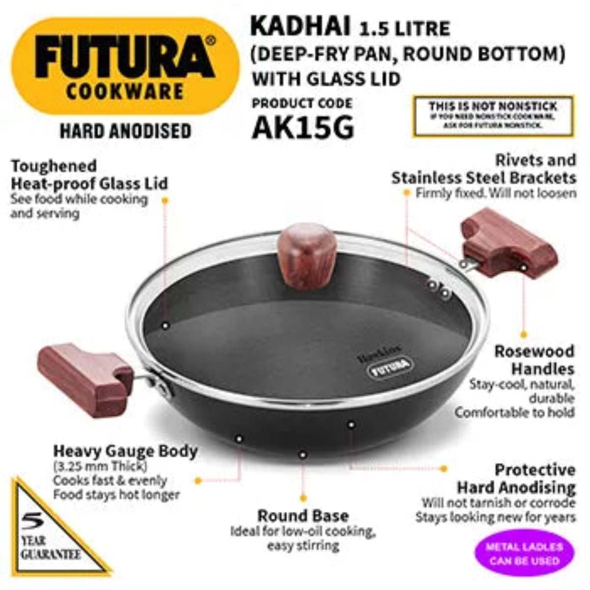 Futura By Hawkins Hard Anodised Deep-Fry Pan 1.5 Litre with Glass Lid (Round Bottom, 3.25 mm Thick)