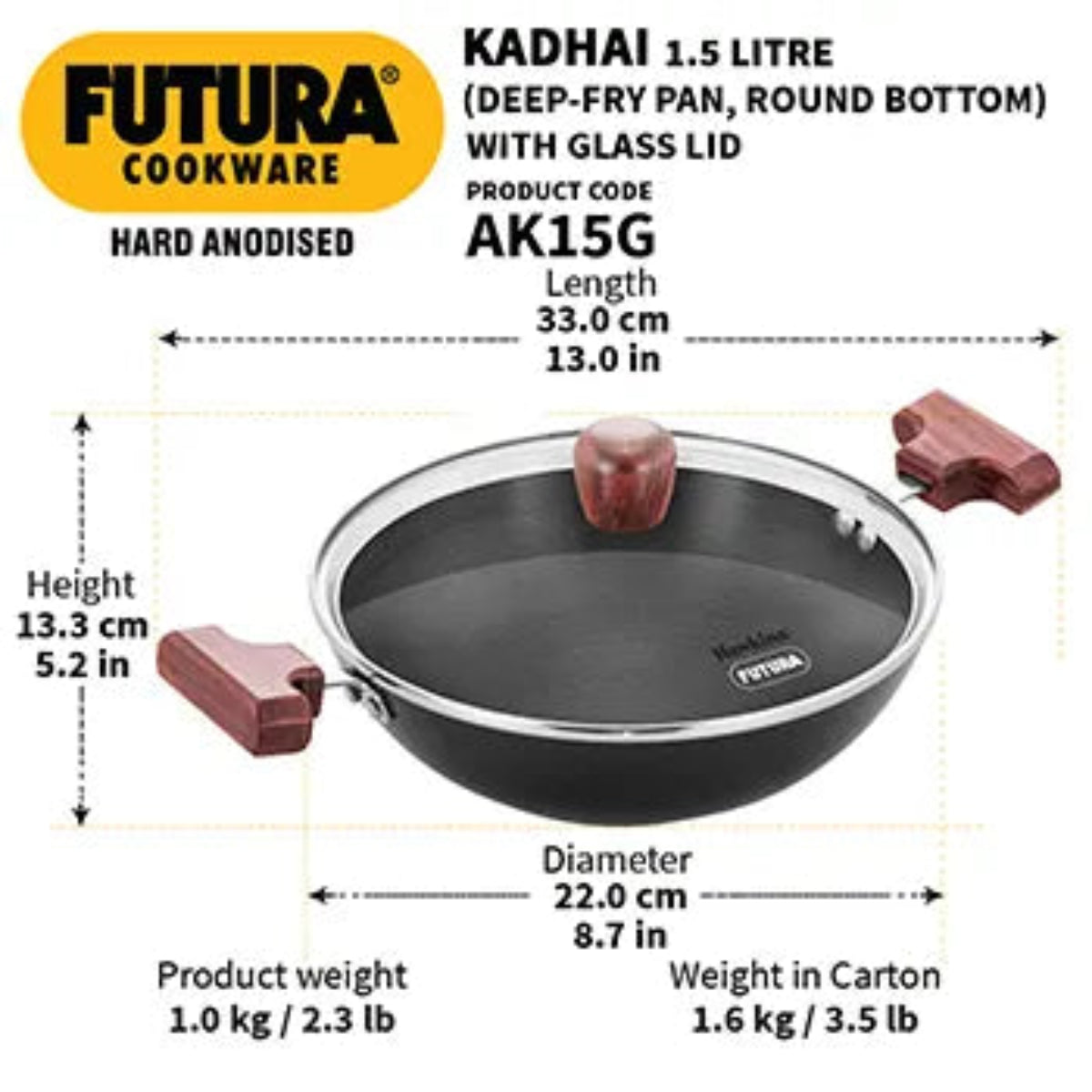 Futura By Hawkins Hard Anodised Deep-Fry Pan 1.5 Litre with Glass Lid (Round Bottom, 3.25 mm Thick)