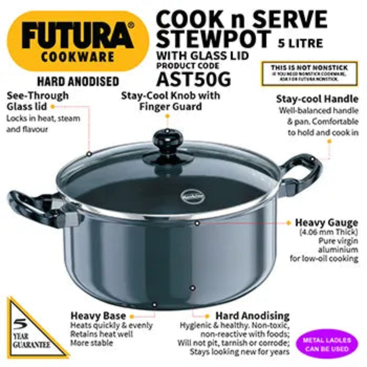 Futura By Hawkins Hard Anodized Cook-n-Serve Stewpot 5 Litre with Glass Lid (4.06 mm Thick)