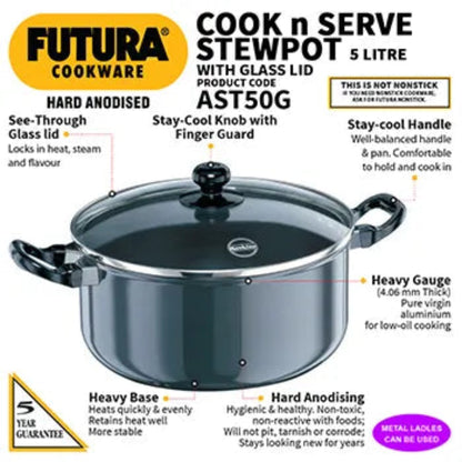 Futura By Hawkins Hard Anodized Cook-n-Serve Stewpot 5 Litre with Glass Lid (4.06 mm Thick)