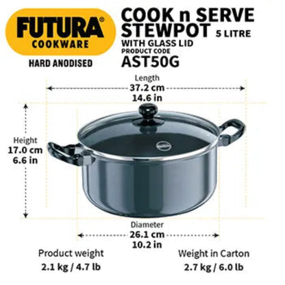 Futura By Hawkins Hard Anodized Cook-n-Serve Stewpot 5 Litre with Glass Lid (4.06 mm Thick)